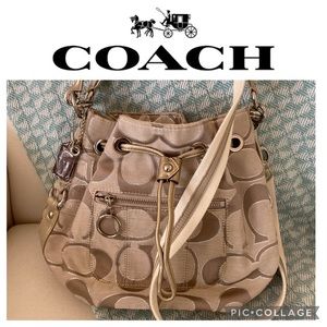 Signature Tan Coach Poppy Lurex Drawstring Bucket Bag Crossbody Shoulder Purse